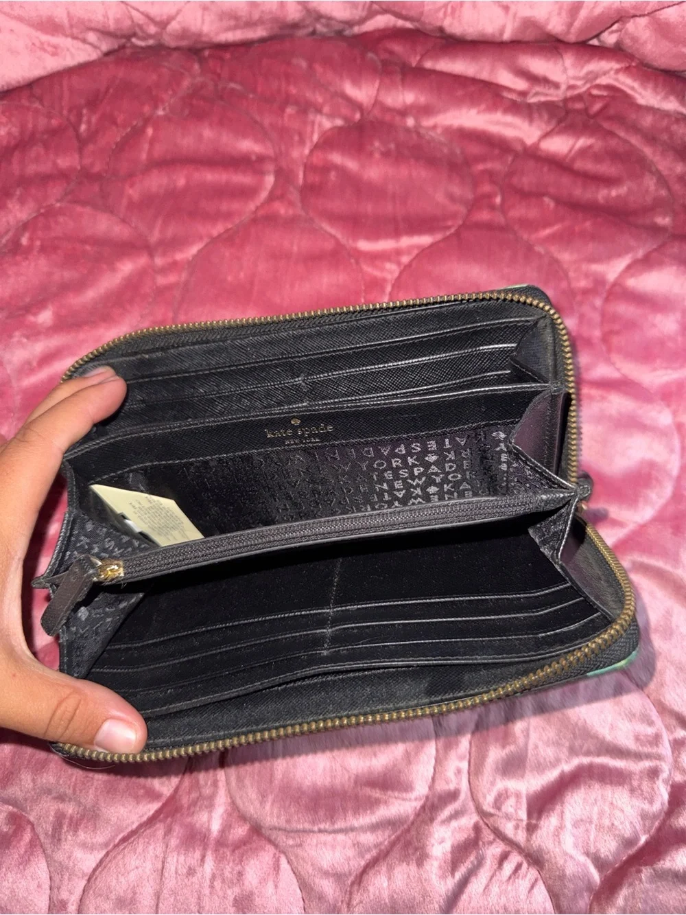 kate spade Black Floral Hummingbird Zip Wallet with Green and Pink Accents